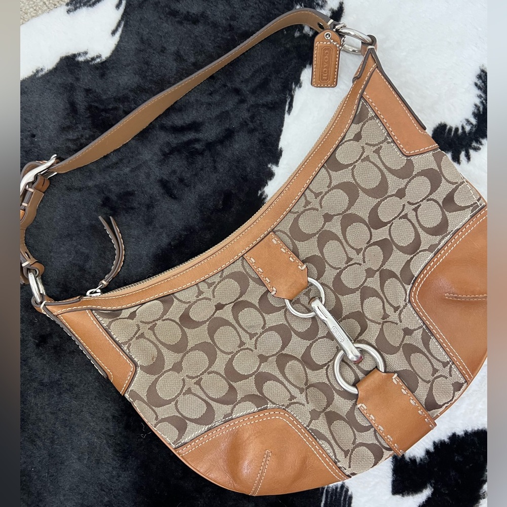 Coach signature jacquard and leather shoulder bag